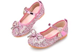 Qimaoo Girls Dress Shoes Mary Jane Princess Shoes Girls' Flats Glitter Low Heels Flower Wedding Party Footwear for Toddler Little/Big Kid