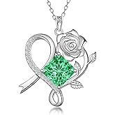 Aurora Tears Birthstone Love Heart Rose Pendant Necklace - 925 Sterling Silver Snowflake Cut Square Cubic Zirconia Ribbon Necklace Anniversary Birthday Jewelry Gift for Women Wife Mom Daughter