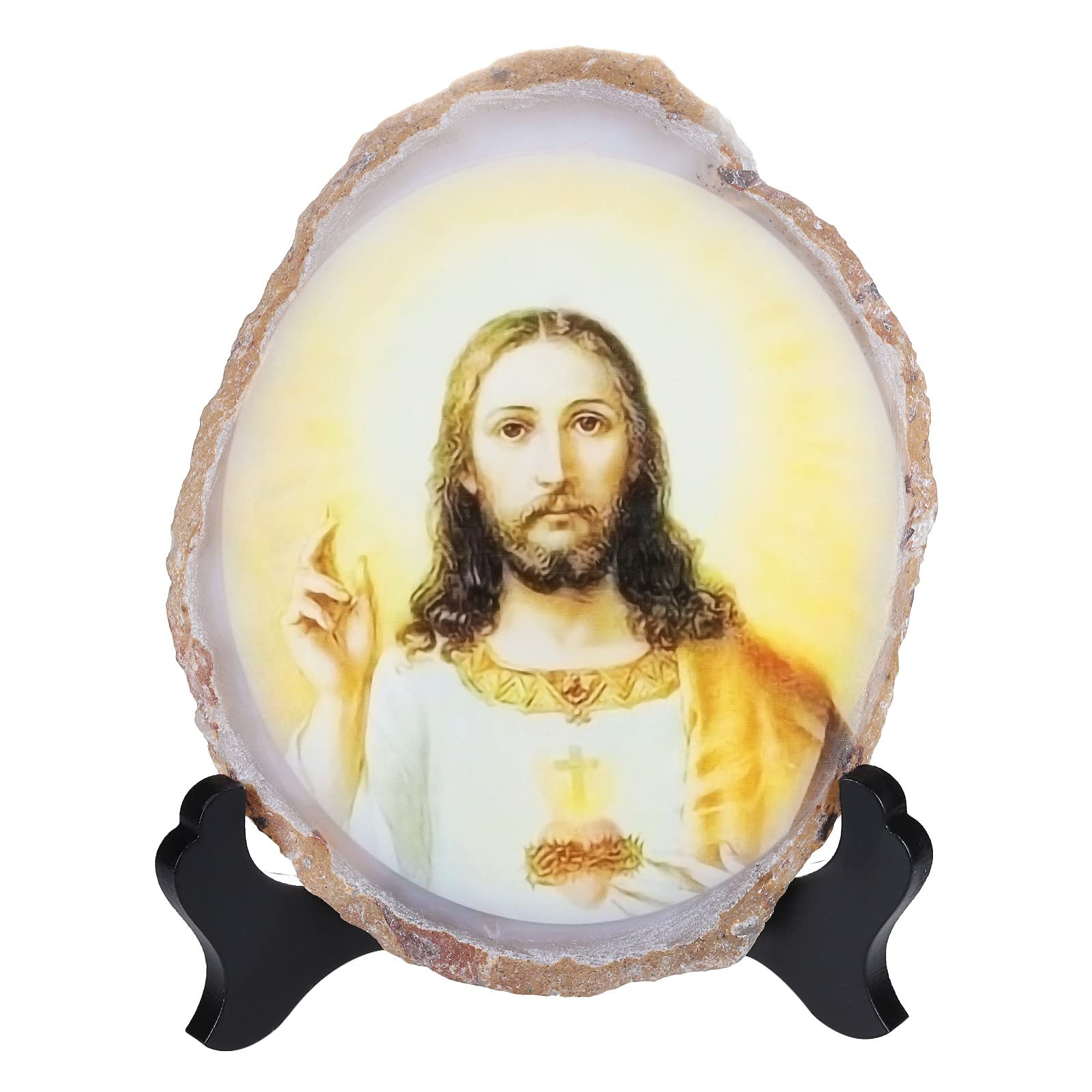 KYEYGWO Natural Irregular Agate Slice Painting Decor with Wooden Stand Agate Geode Slab for Desk Hallway, Portrait of Jesus