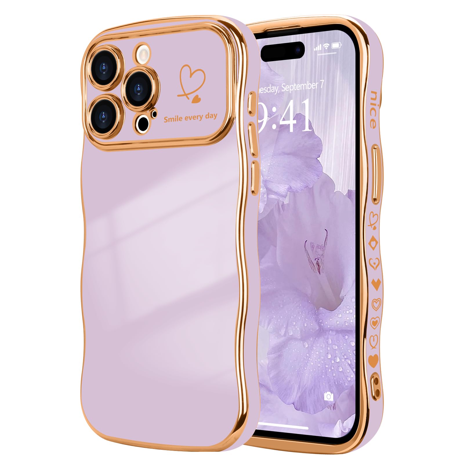 LCHULLE for iPhone 15 Pro Case for Women Girls,Cute Curly Wave Frame Shape Love Heart Pattern Phone Case,Raised Camera Protection Luxury Plating Shockproof Cover for iPhone 15 Pro 6.1",Light Purple — image 1