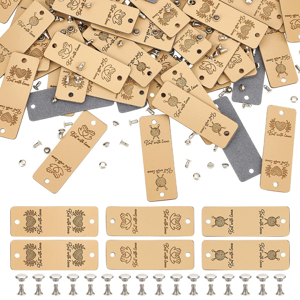 FINGERINSPIRE 48 Sets PU Leather Handmade Label 56.5x19.5mm Beige Handmade Embossed Tag with Heart/Hand/Yarn Pattern Rectangle Clothing Leather Labels with Rivets for Jeans Bags Hat Crafts Knitting