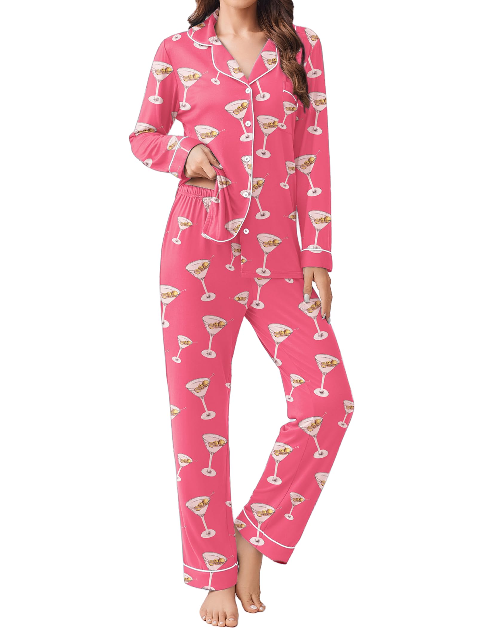 Ekouaer Womens Pajamas Set 2 Piece Button Down Sleepwear Soft Long Sleeve Top and Pants Pjs Lounge Sets Cup L Image