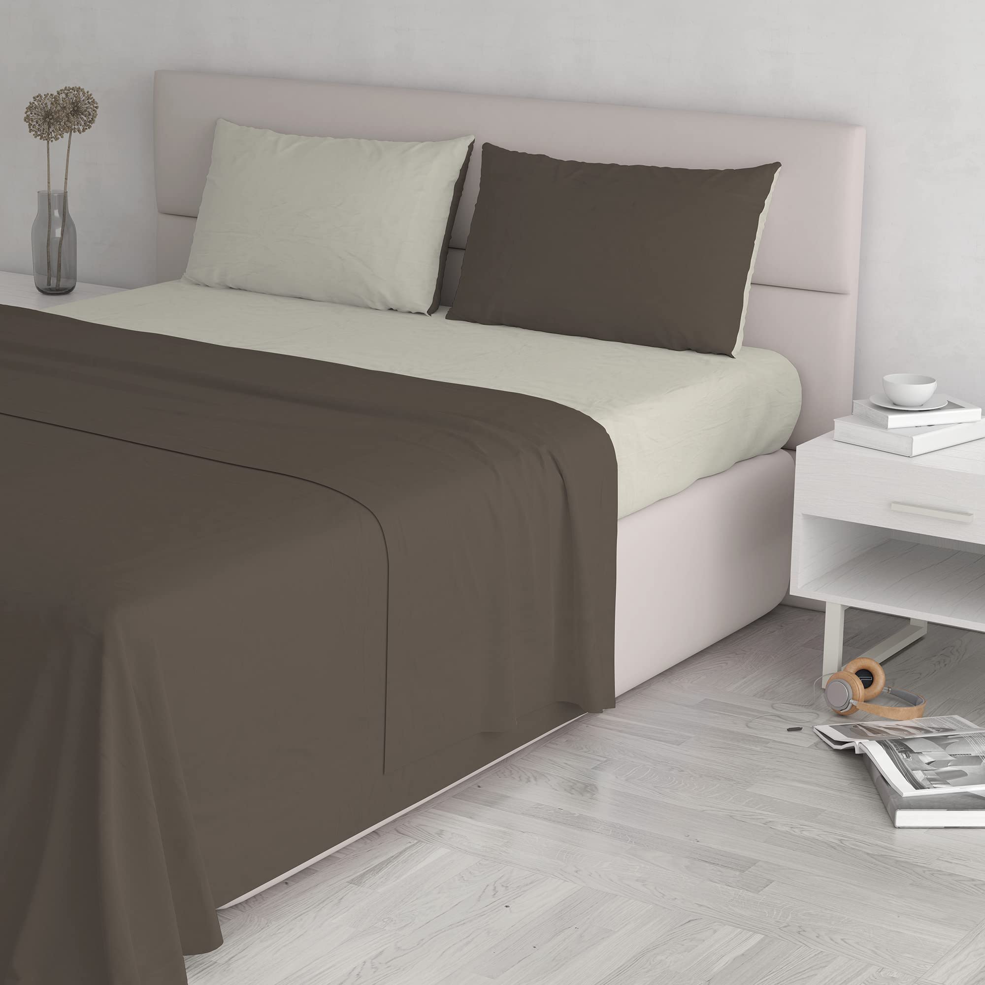 Italian Bed Linen Natural Color Bed Set (Flat 250x300, Fitted Sheet 170x200cm+2 Pillowcases 52x82cm), Petrol Bottle Green, Brown/Cream, DOUBLE
