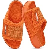 KuaiLu Cushion Slippers For Women with Orthotic Arch Support Wide Adjustable Open Toe Flatform Furry Fur Sandals Warm Teddy Fleece Recovery Slides Slip On House Shoes Indoor Outdoor, Orange US8