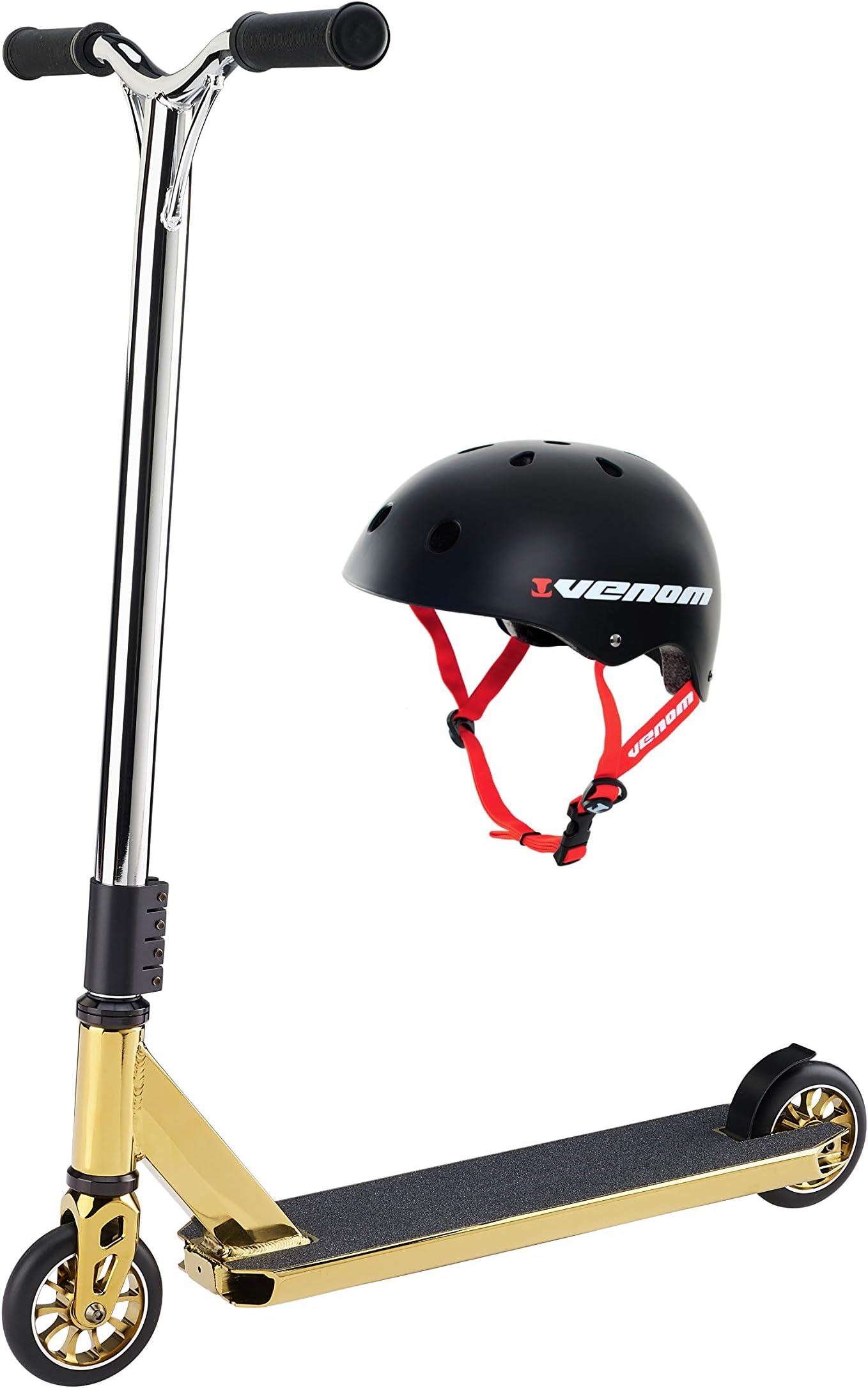 Outrage Skate Gold Chrome Pro Stunt Trick Scooter | Ultimate 2019 Custom Freestyle (from age 10-11 and over) (Gold Chrome with Helmet) + FREE STICKERS