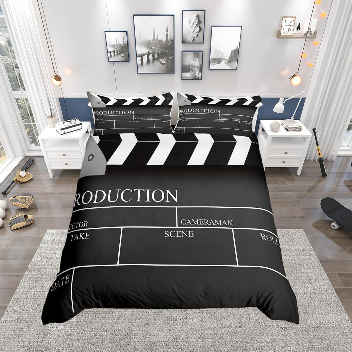 Vintage Cinema Ticket Bedding Set for Girls Boys Children Movie Theater Theme Comforter Cover Filmstrip Duvet Cover Bedspread Cover King Size Bedding Collection 3Pcs — image 1