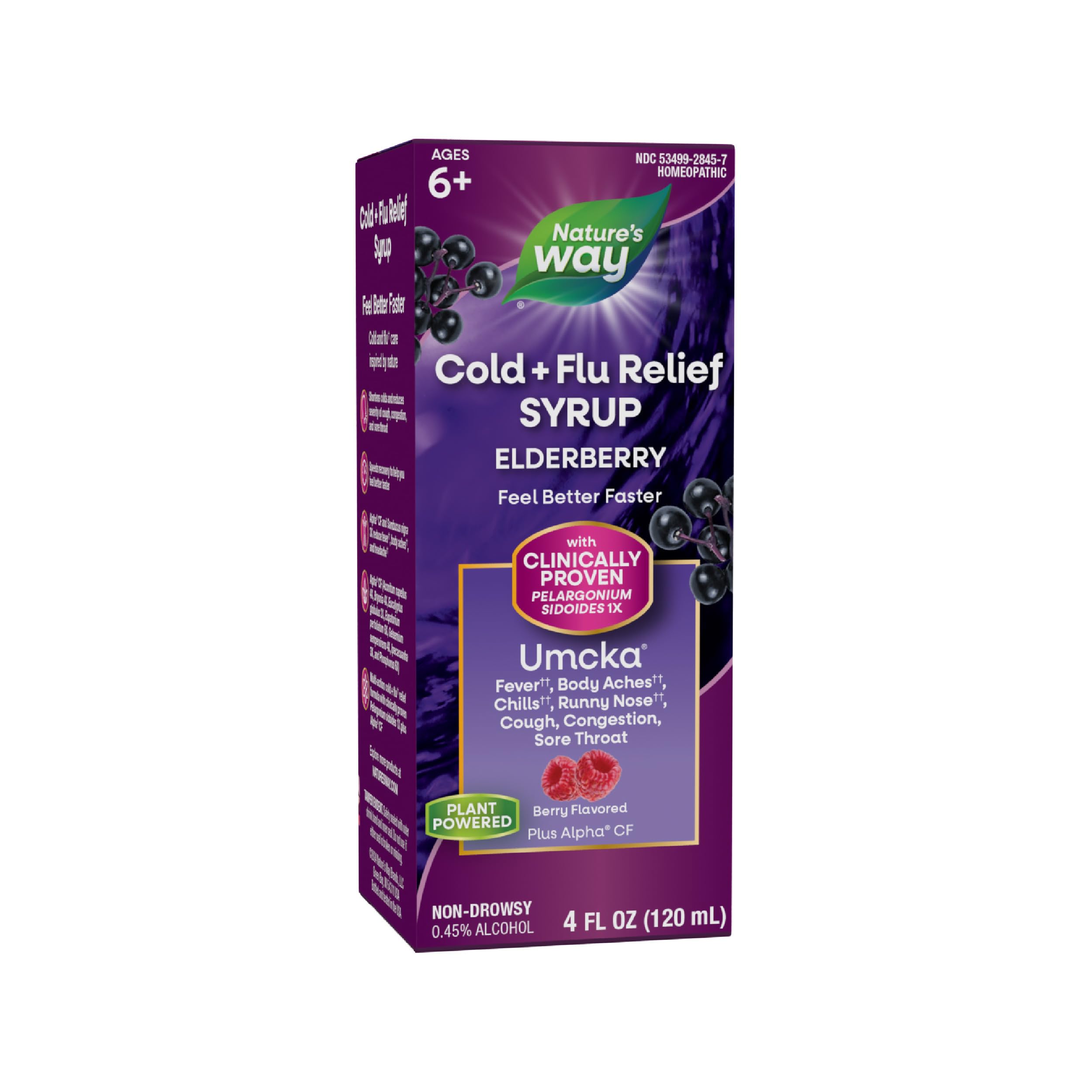 Nature's Way Cold + Flu Relief Syrup*, Umcka, Sore Throat, Cough, Congestion, Fever*, Body Aches*, Phenylephrine Free, Homeopathic, Non-Drowsy, Berry Flavored, 4 Fl Oz (Packaging May Vary)