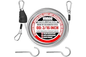 VIVBOO 40ft Clothes Line Outdoors 3/16" Wire Ropes Silver PVC Coating Laundry Drying Clothesline Retractor with Metal Hooks Heavy Duty for Umbrella Travel Outside Camping Backyard