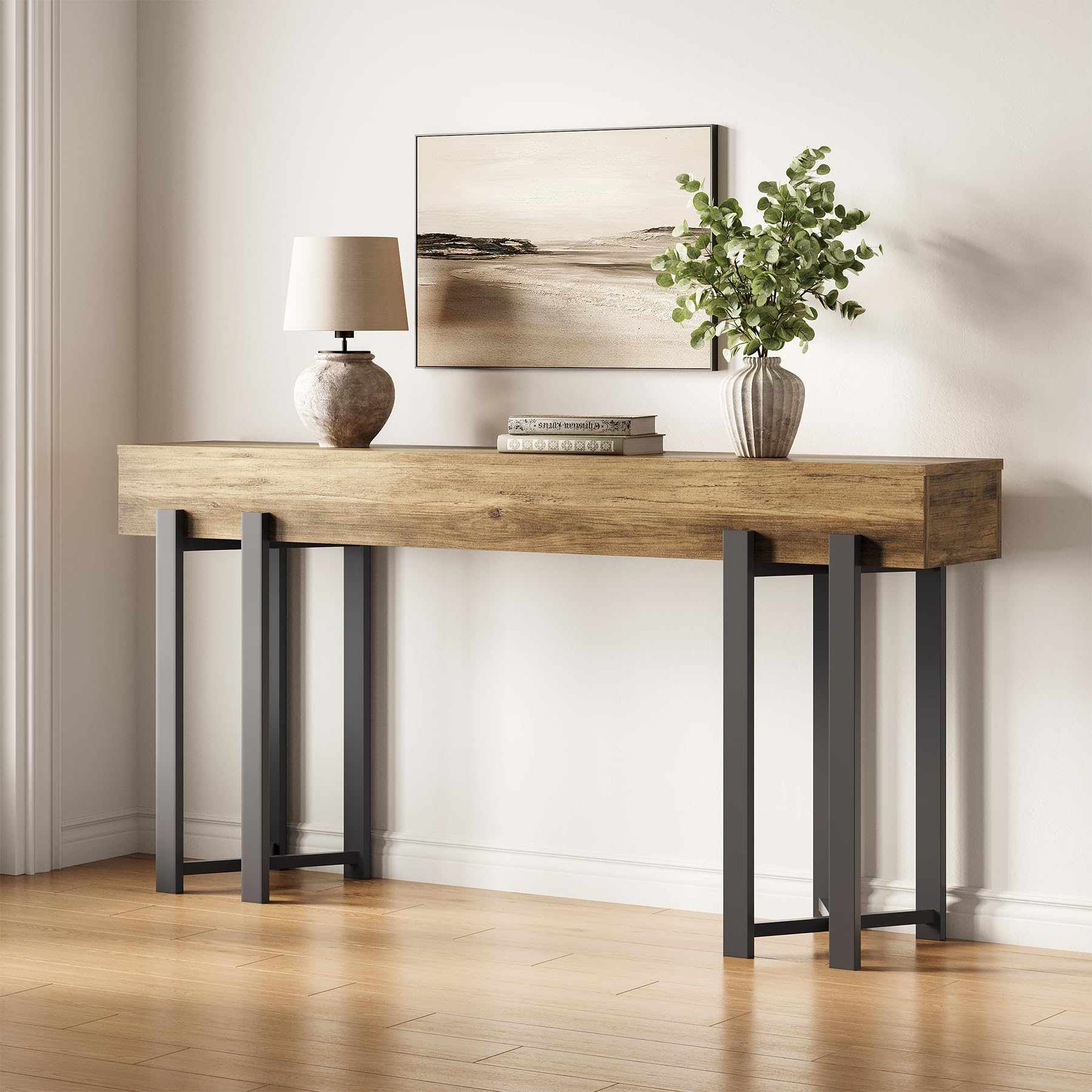 Photo 1 of LITTLE TREE 63-Inch Console Table for Entryway, Industrial Behind Couch Table, Minimalist Sofa Table for Living Room, Rustic Brown Wooden Hallway Foyer Table with Black Metal Frame
