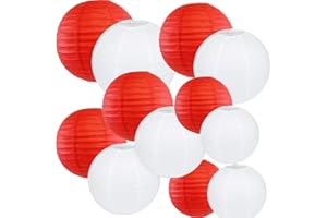 Peywot 12Pcs Round Paper Lanterns Assorted Sizes (6" 8" 10" 12") for Home Decor, Restaurant, Church, Wedding, Birthday Party Decorations, Hanging Chinese Japanese Paper Lantern Lamps (White and Red)