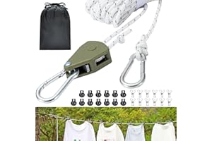 HARQA Retractable Travel Clothesline, 19FT Adjustable Heavy-Duty Line with Reflective Pulley System, Stainless Hooks & Clips – Portable for Camping, Cruise, Hotel, Balcony & Outdoor Laundry (Army Green)