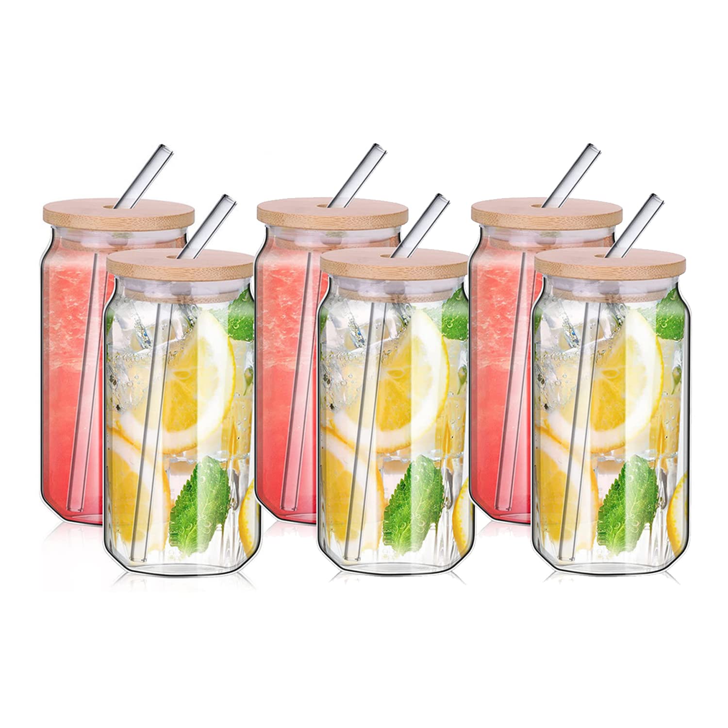 Hniuyun 480ml Can Shaped Glass Cups Set, Drinking Glasses with Bamboo Lids and Glass Straws, Tumblers for Beer, Iced Coffee, Cocktails and Soda (6pcs)