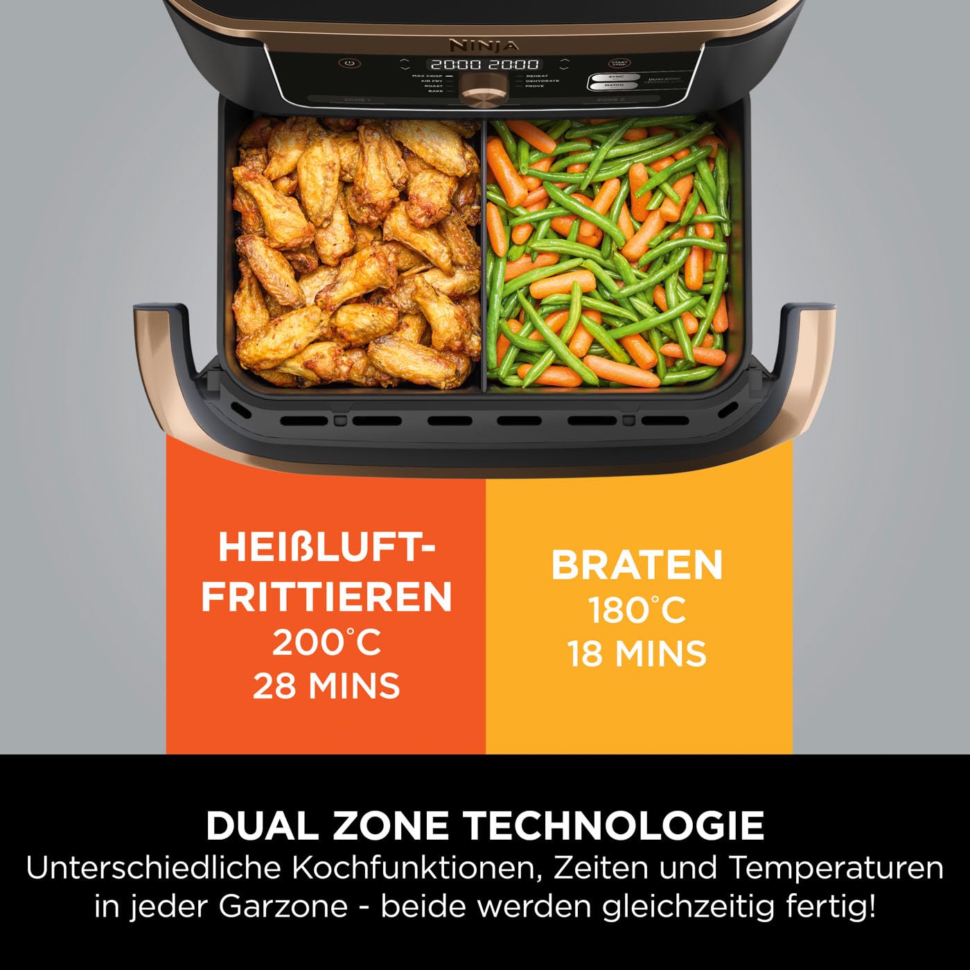 Ninja Foodi FlexDrawer Dual Zone Heißluftfritteuse, Airfryer mit 10,4-Fach und herausnehmbarem Trenner, Antihaftbeschichtung, spülmaschinenfester Korb, 7-in-1, Schwarz & Kupfer, AF500EUCP 7