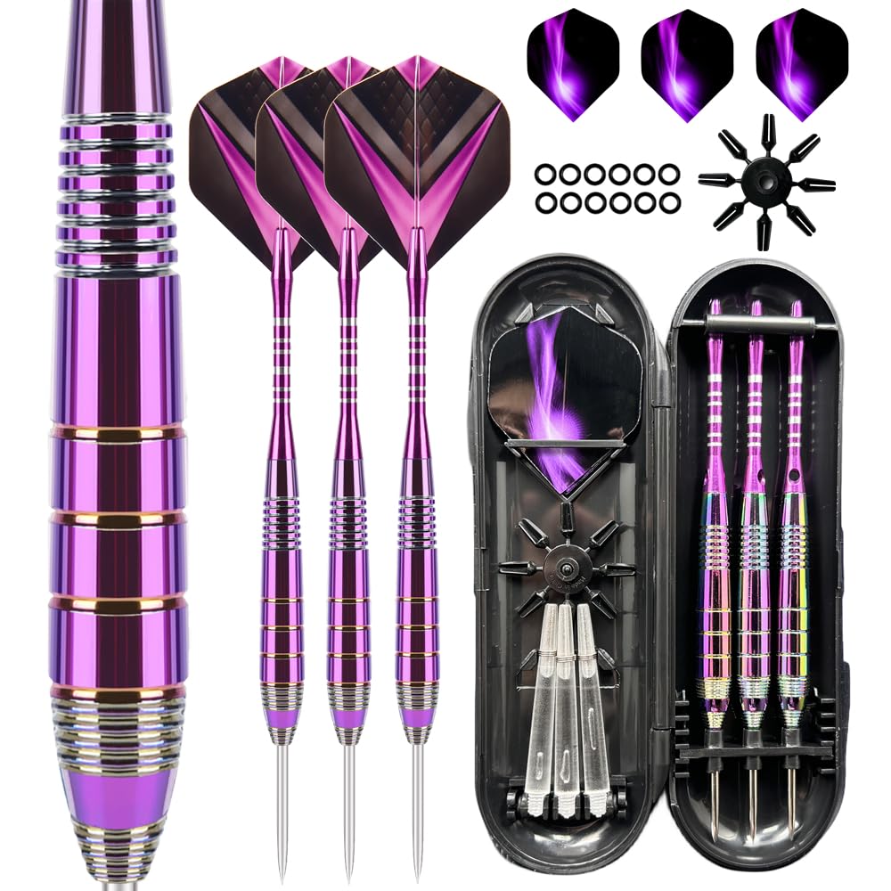 Aiqilai Darts Set 24g Professional 3 Pack, Steel Tip Darts Set with Aluminum Shafts(+3 More Spare Shafts) and 2 Style Flights+Rubber O-Rings and Darts Case- Coloured