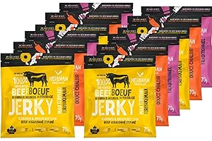 Meridian Smokehouse Variety Pack of 12-100% Grass-Fed Beef Jerky - Prepared In Canada - 3 Flavours Included - Sweat Heat, Mau