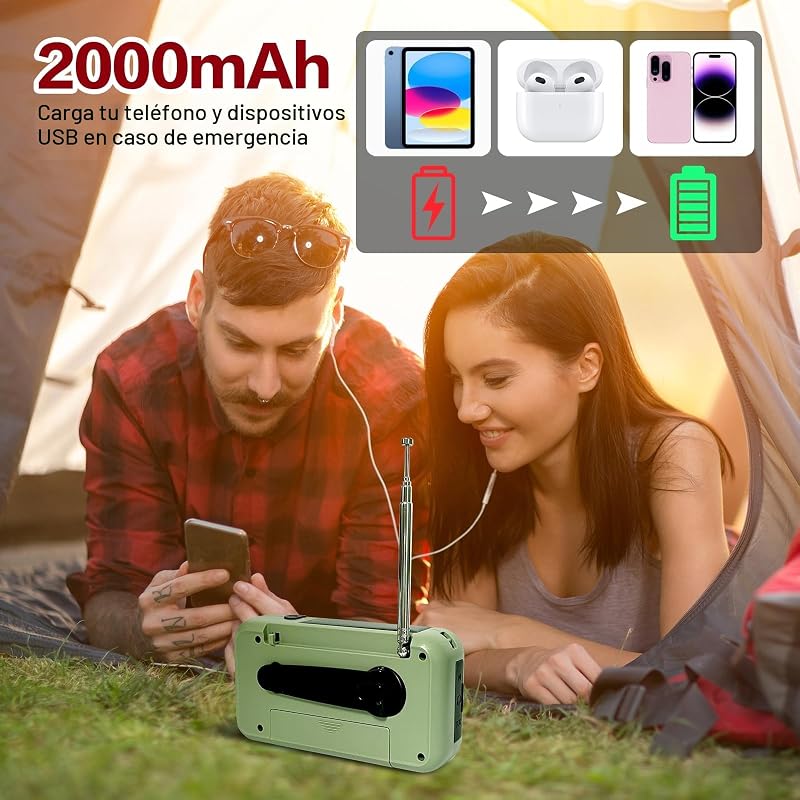 Radio de Emergencia Portátil, FM/Am Emergency Radio con Solar Recargable Radios de Dinamo con Manivela con Linterna LED y Luz de Lectura 2000mAh Powerbank SOS Alarma USB de Camping al Aire Libre — foto 2 de 7