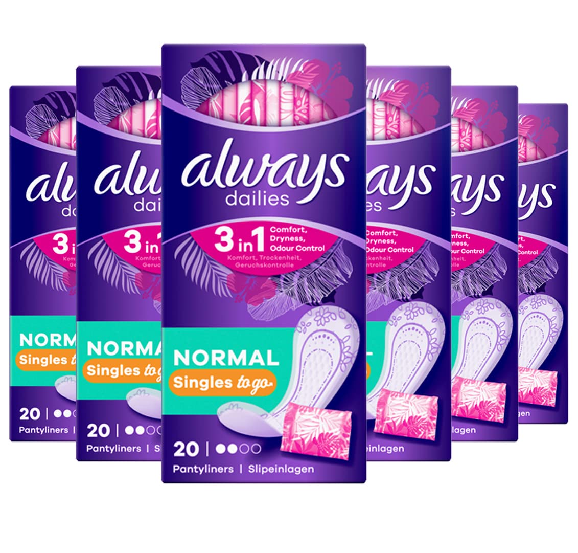 Always Dailies Individually Wrapped Normal Singles Pantyliners, Pack of 6