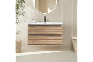 JINDOLI 36 inch Bathroom Vanity with Sink Mid-Century Modern Floating Vanity Bathroom Wall Mounted Cabinet with Wood Stripes Decor, Soft Closing Drawer,Oak,Full-Assembled