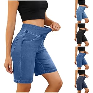Nantdog Womens Bermuda Jean Shorts High Waisted Tummy Control Stretchy Pull On Denim Pants Knee Length Jorts with Pockets