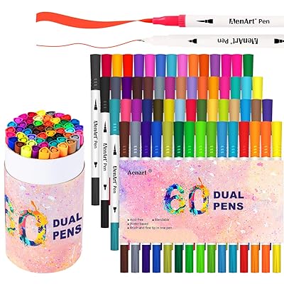 Colored Art Markers, 60 Dual Tip Brush Pens Artist Markers, Fine Point Water-based Marker Fineliner Pen for Adult Coloring Books Drawing Journal, Calligraphy for Beginner