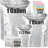 100pcs Mylar Bags for Food Storage with 150x400cc Oxygen Absorbers & Labels, 10 Mil Thick 3 Sizes (1 Gallon, 1 Quart, 1/2 Pin