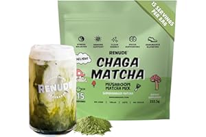 Renude Chaga Matcha - Chaga Mushroom Powder, Matcha Superfood Drink Mix with Adaptogens, Ceremonial Grade Mushroom Matcha, Keto, Vegan, Sugar Free, Natural Energy and Immune Support - 15 Servings