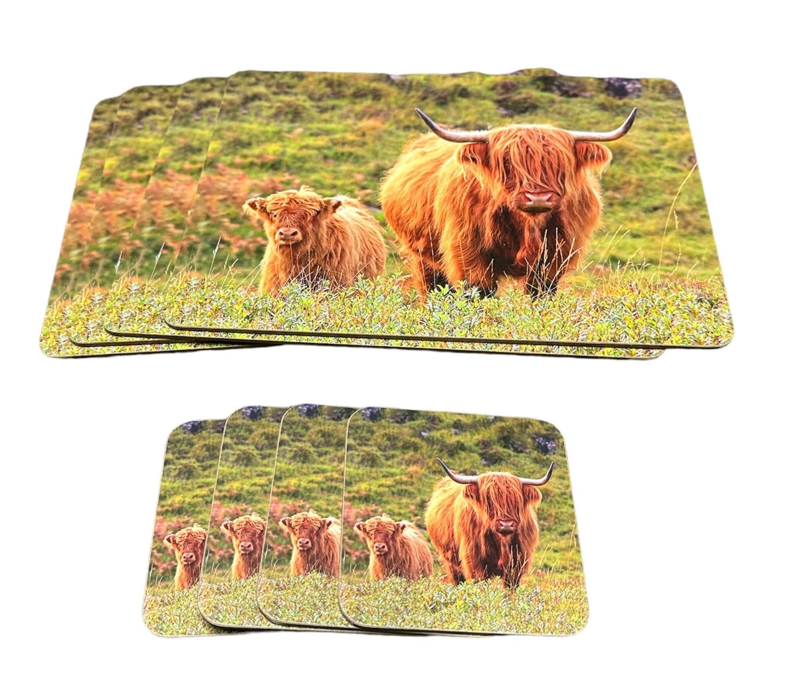 Sets of 4 Placemats with 4 Matching Coasters (Highland Cow and Calf Placemat and Coaster Set) — image 1