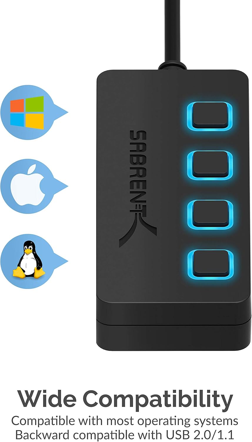 Sabrent 4-Port USB 3.0 Hub with Individual LED Power Switches | 2 Ft Cable | Slim & Portable | for Mac & PC (HB-UM43): Computers & Accessories