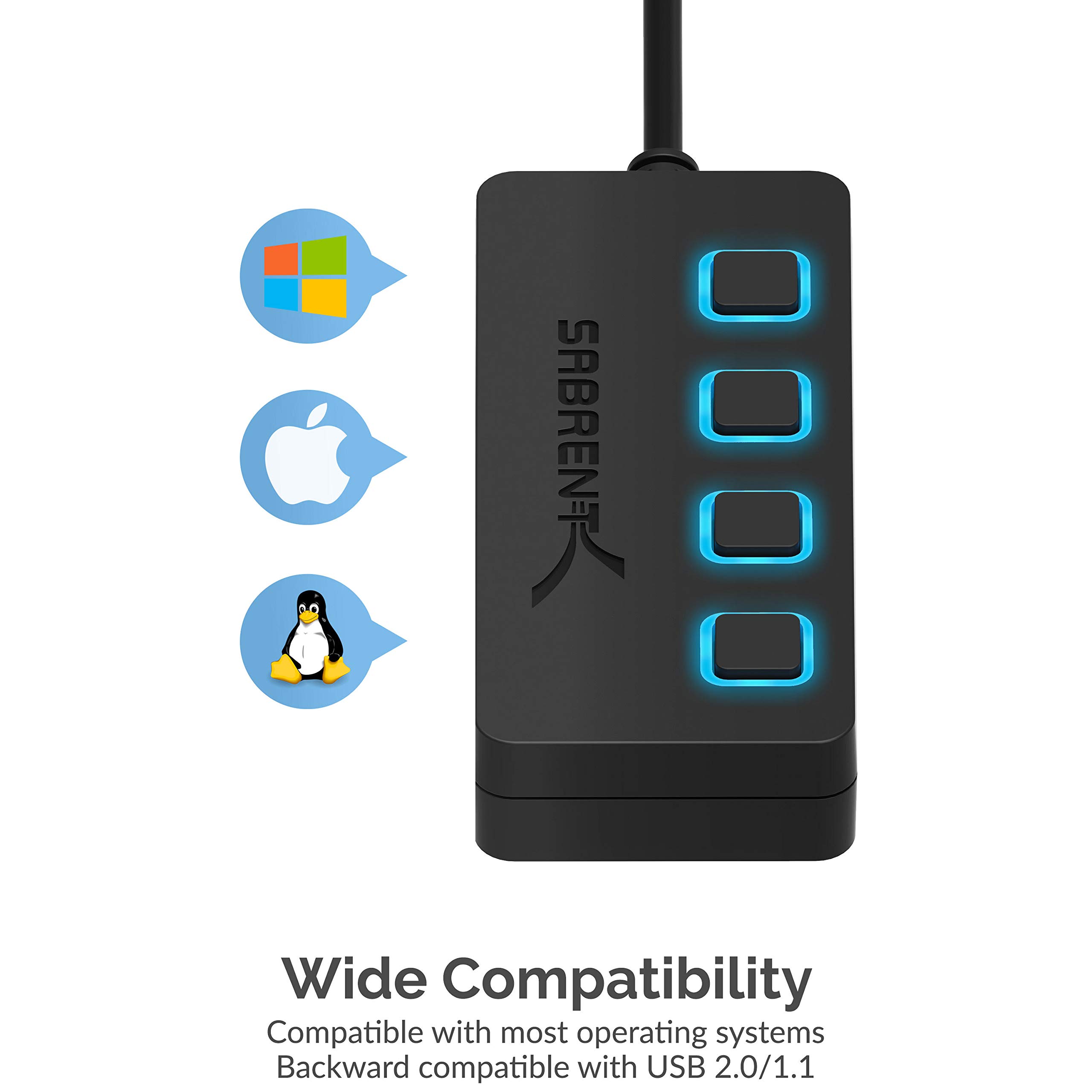 SABRENT 4-Port USB 3.0 Hub with Individual LED Power Switches - Slim, Portable Design - 2 Ft Cable - Fast Data Transfer - Compatible with Mac & PC (HB-UM43)