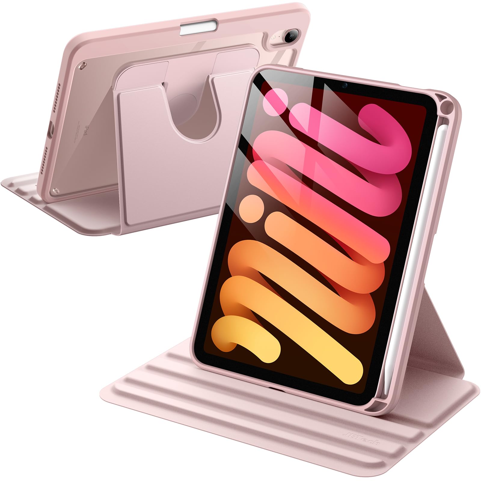 JETech Rotating Case for iPad mini (A17 Pro, 2024 Model, 7th Generation) / mini 6 (2021 Model, 6th Generation), with Pencil Holder, 360 Degree Rotation Protective Stand Cover Clear Back (Pink)