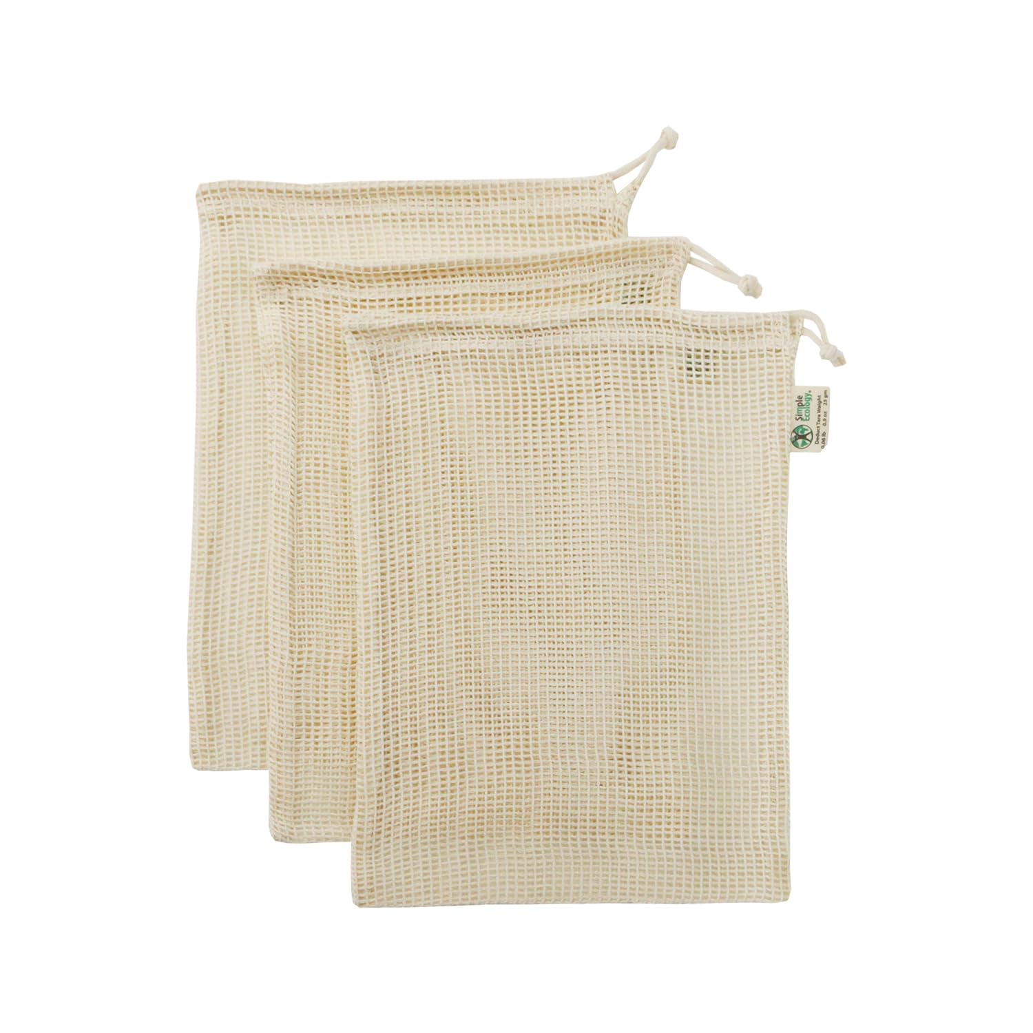 Simple Ecology Reusable Organic Cotton Mesh Grocery Shopping Produce Bags - Medium 3 Pack (Heavy Duty, Washable, Produce Saver Bags, Food Storage, Bulk bin, Tare Weight tag, Drawstring)