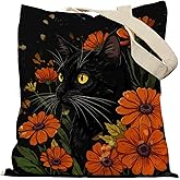 APJYM Floral Black Cat Canvas Tote Bag, Cat Mom Mother's Day Gifts, Kitten Gifts for Mom Women, Aesthetic Cute Kitten Reusable Grocery Bags Shopping Bags