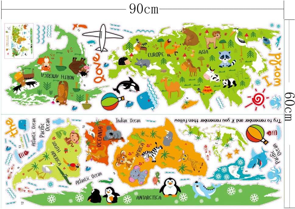 ufengke Cartoon World Map Cute Animal Wall Decals, Children's Room Nursery Removable Wall Stickers Murals - Image 4