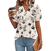 IECCP Womens Tops Puff Short Sleeve Shirts Dressy Casual Henley V-Neck Summer Tops Pleated T-Shirts Loose Fit Tunic Blouses