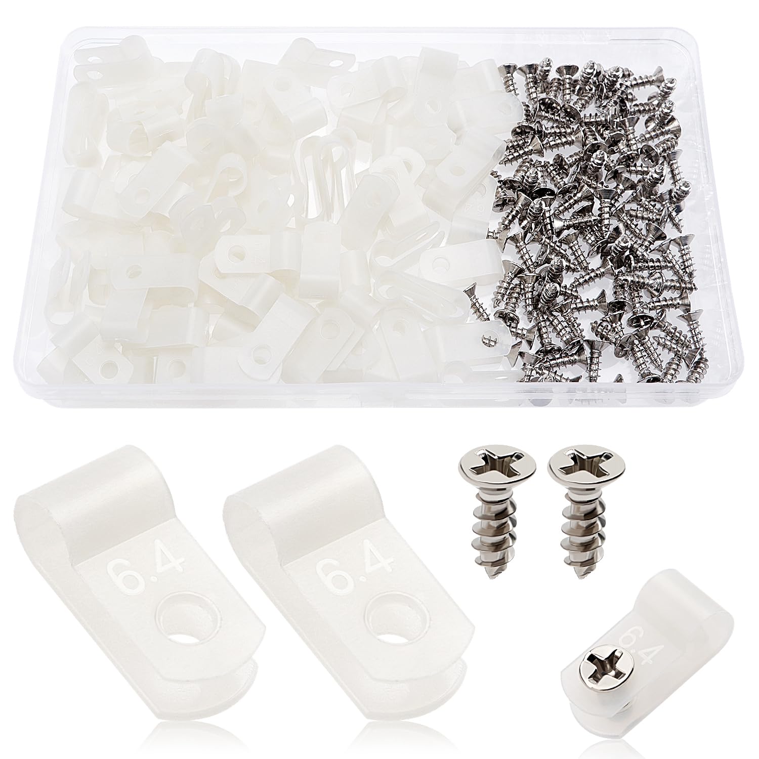 VooGenzek 100 PCS 1/4 Inch R-Type Cable Clip Wire Clamp, Nylon Screw Mounting Cord Fastener Clips with 100 PCS Screws, for Wire Management (White)