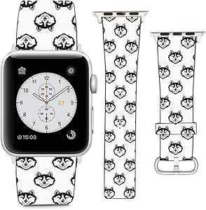 nobrand (Blue-Eyed Husky Dog Pattern) Patterned Leather Wristband Strap Compatible with Apple Watch Series 5/4/3/2/1 gen,Replacement for iWatch 42mm / 44mm Bands