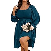 RWJ Womens Plus Size Fall Dress Long Sleeve Smocked Square Neck A-Line Wedding Guest Party Mini Dresses with Belt