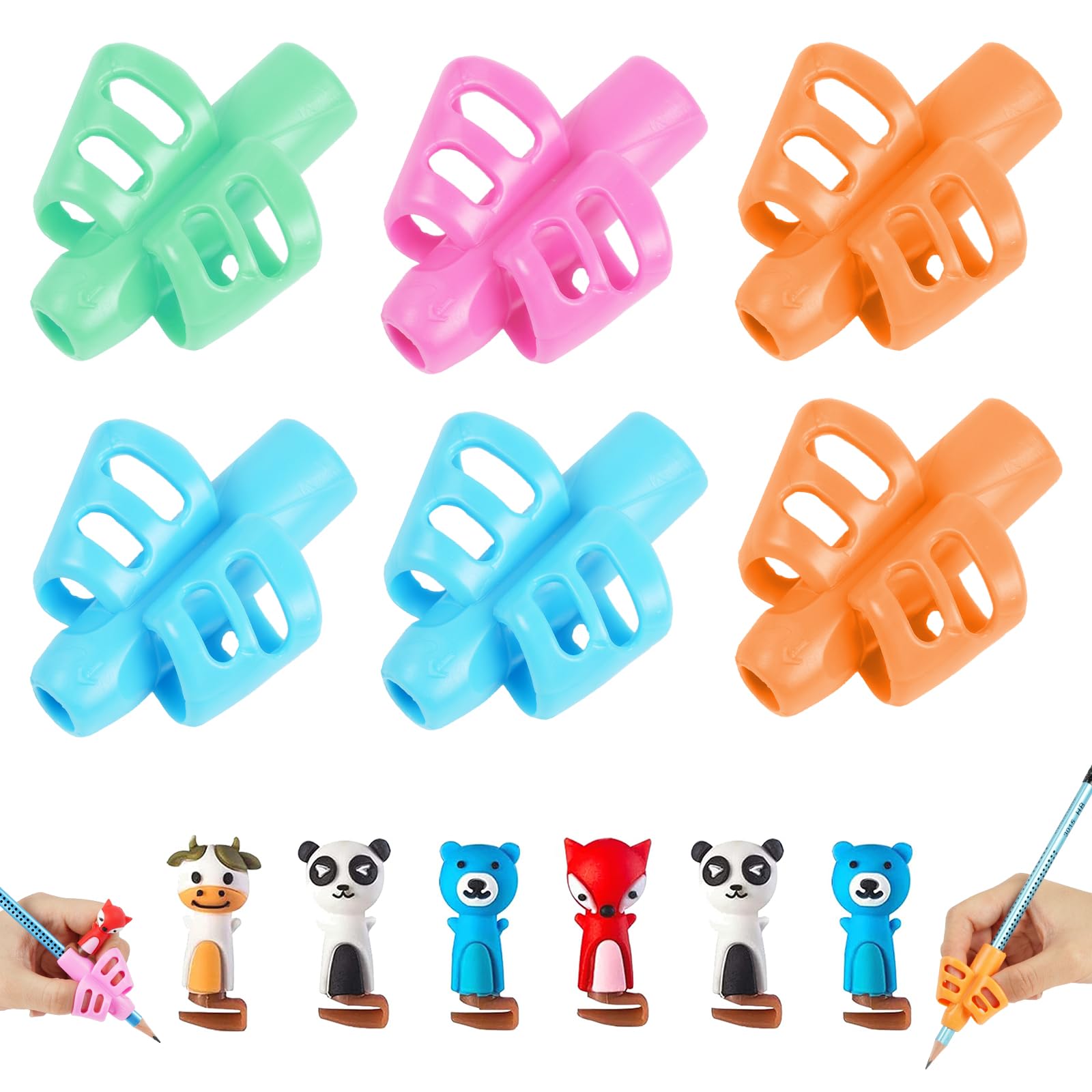 Vicloon Pencil Grips, 12pcs Pencil Grips for Children, Soft Silicone Handwriting Grip and Pen Cap for Left & Right Handed Kids Ergonomic Posture Correction Writing Aid Hollow Ventilation Design