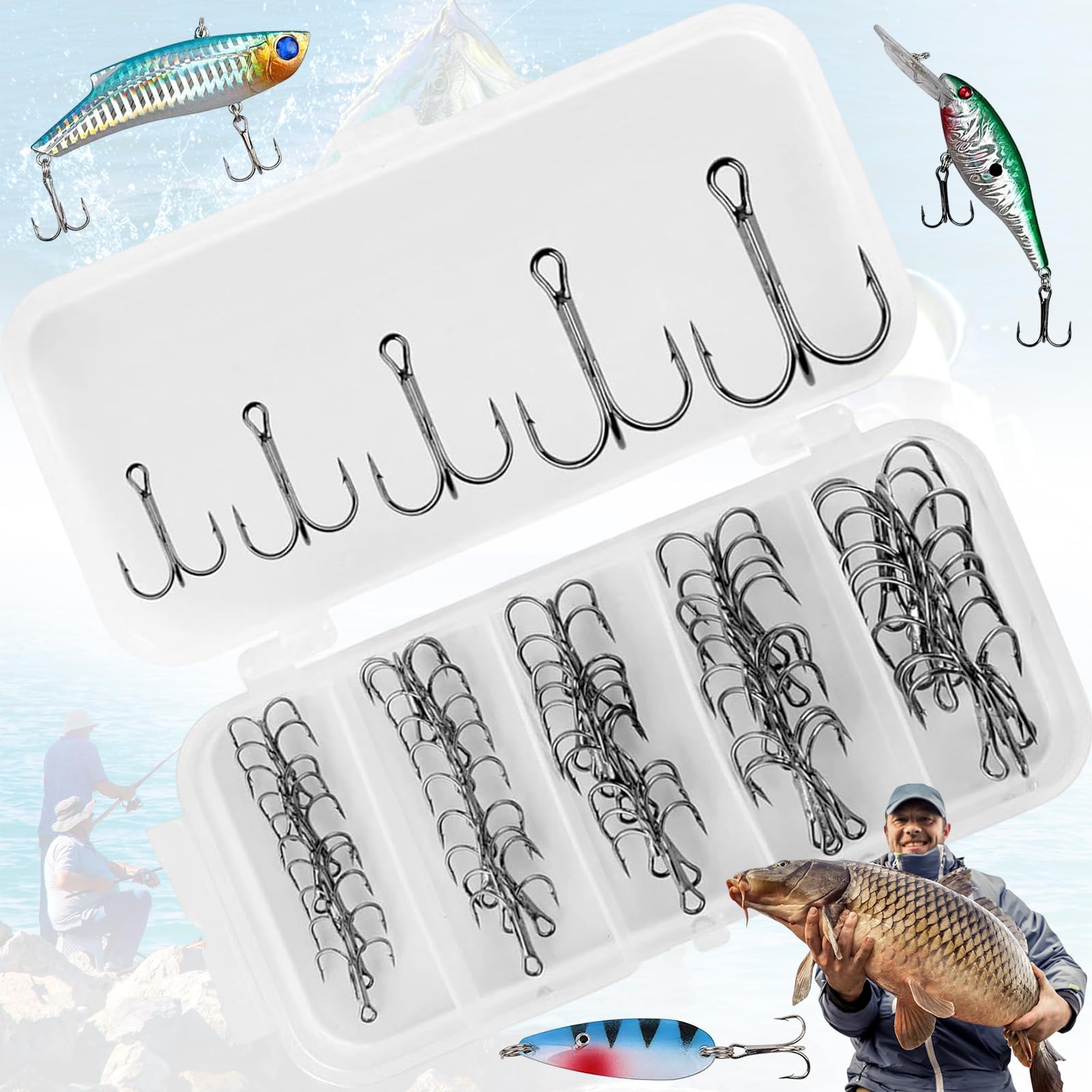 Srup 50 Pieces Triple Barbed Hook, High Steel Triple Hook, Carbon Steel Triple Hook, with Fishing Box, Suitable for Lake Fishing, River Fishing, Sea Fishing