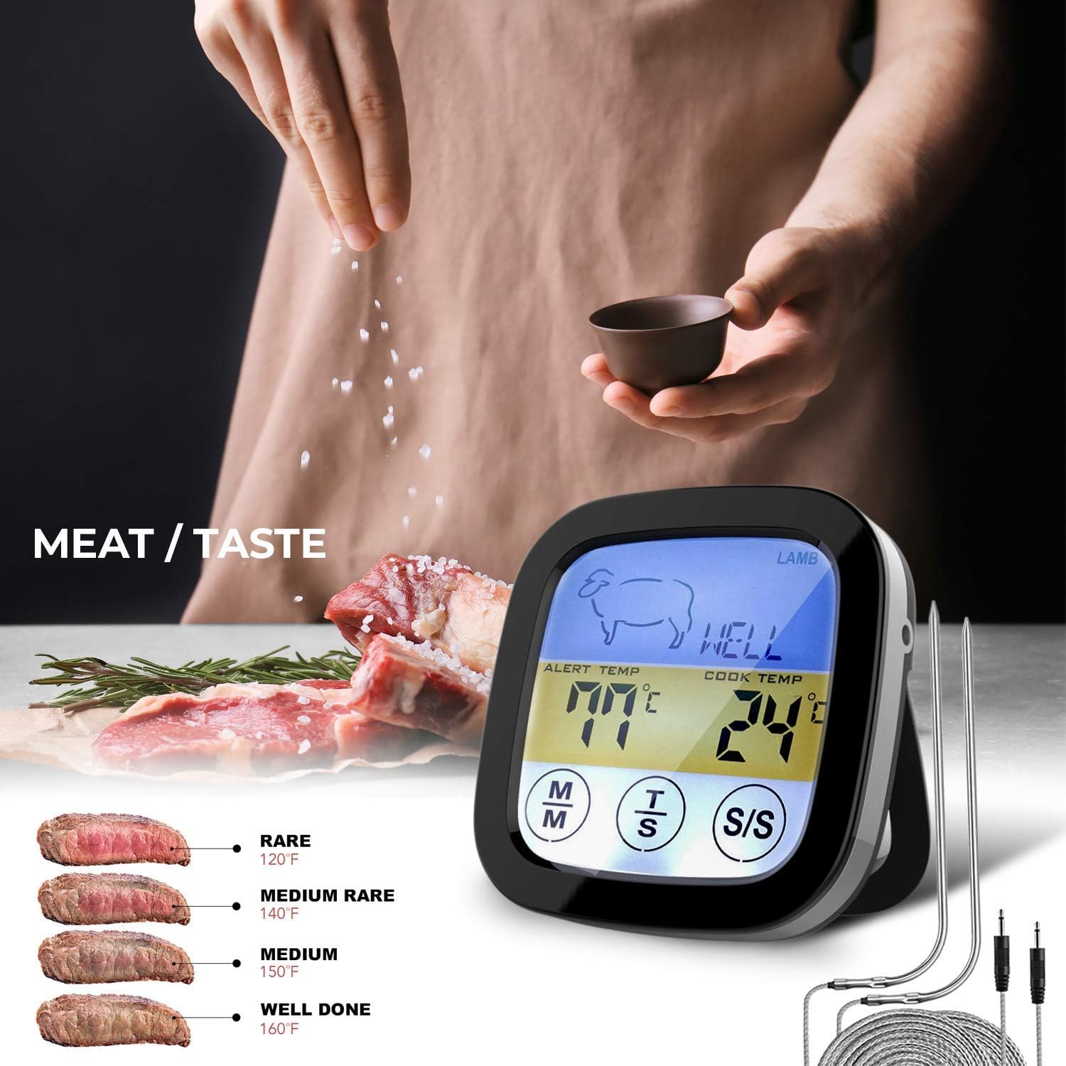 Digital Touchscreen Food Thermometer for Meat Poultry Fish Cooking in Frying Pan Smoker Oven BBQ Grill with Sensitive Color LCD Display | All Temperature and Timer Modes | Best Taste Results (Silver): Kitchen & Dining