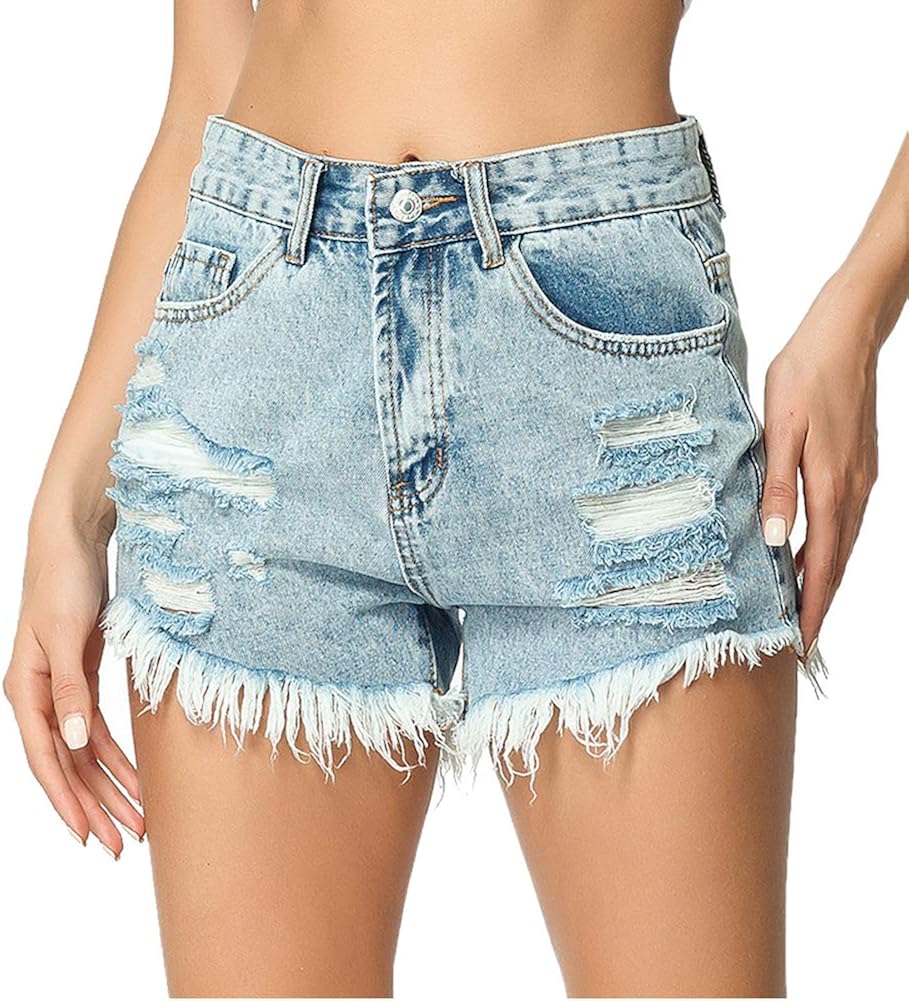 Elegeet Womens Denim Short Jeans MidRise Frayed Raw Hemline Ripped Jean Shorts at Amazon Women