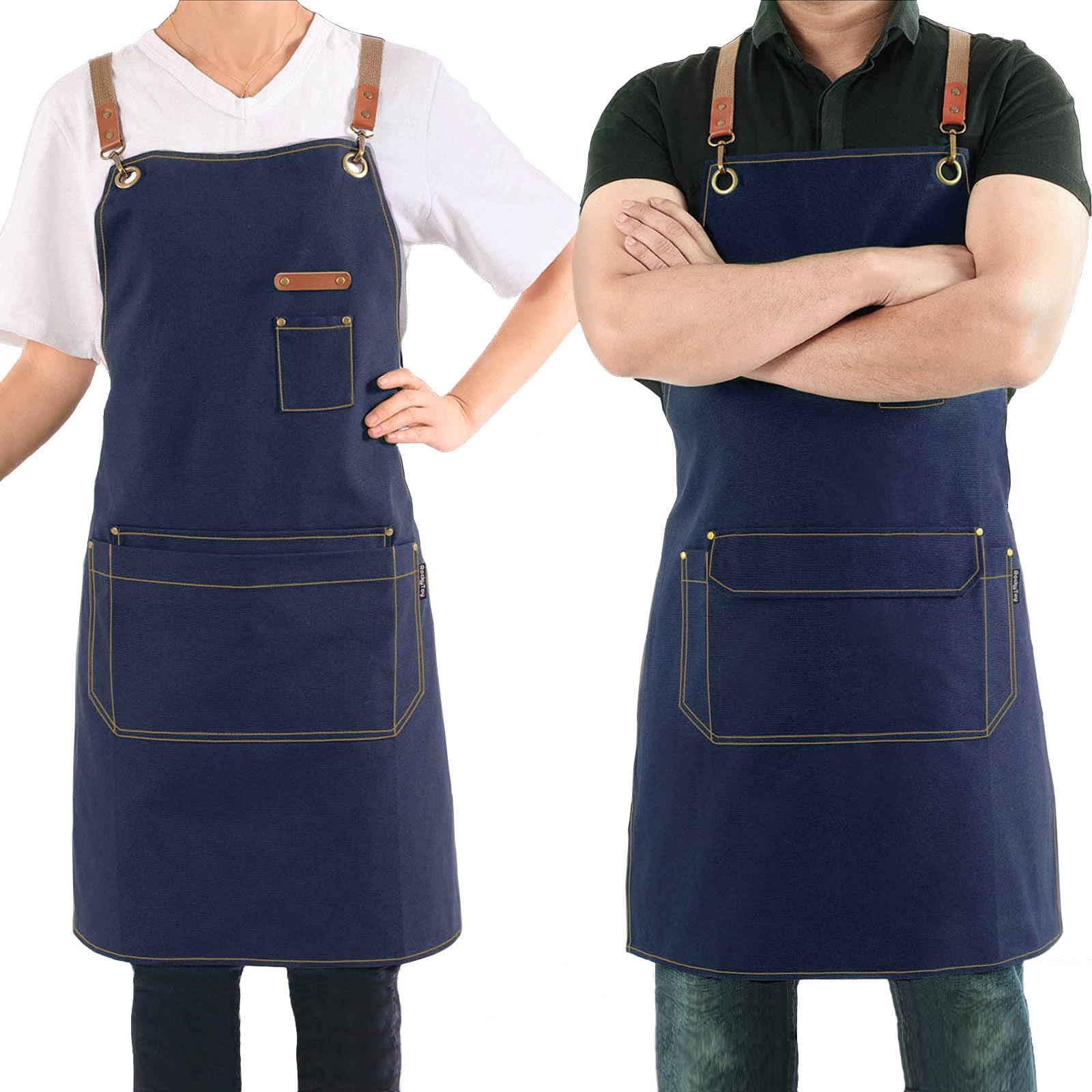 Magimate Canvas Apron with Pockets and Cross-back Straps for Chef Kitchen Cooking BBQ, Barista Bartender Barber Shop and Art Gardening Work Professional Aprons - Navy