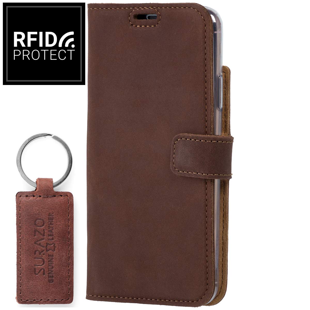 SURAZO Leather Wallet Mobile Phone Case Compatible with iPhone 11 Pro Max - Flip & Fold Smartphone Case with Stand, RFID Blocker, Magnet Closure, 3 Slots for Bank Cards - Handcrafted European Leather