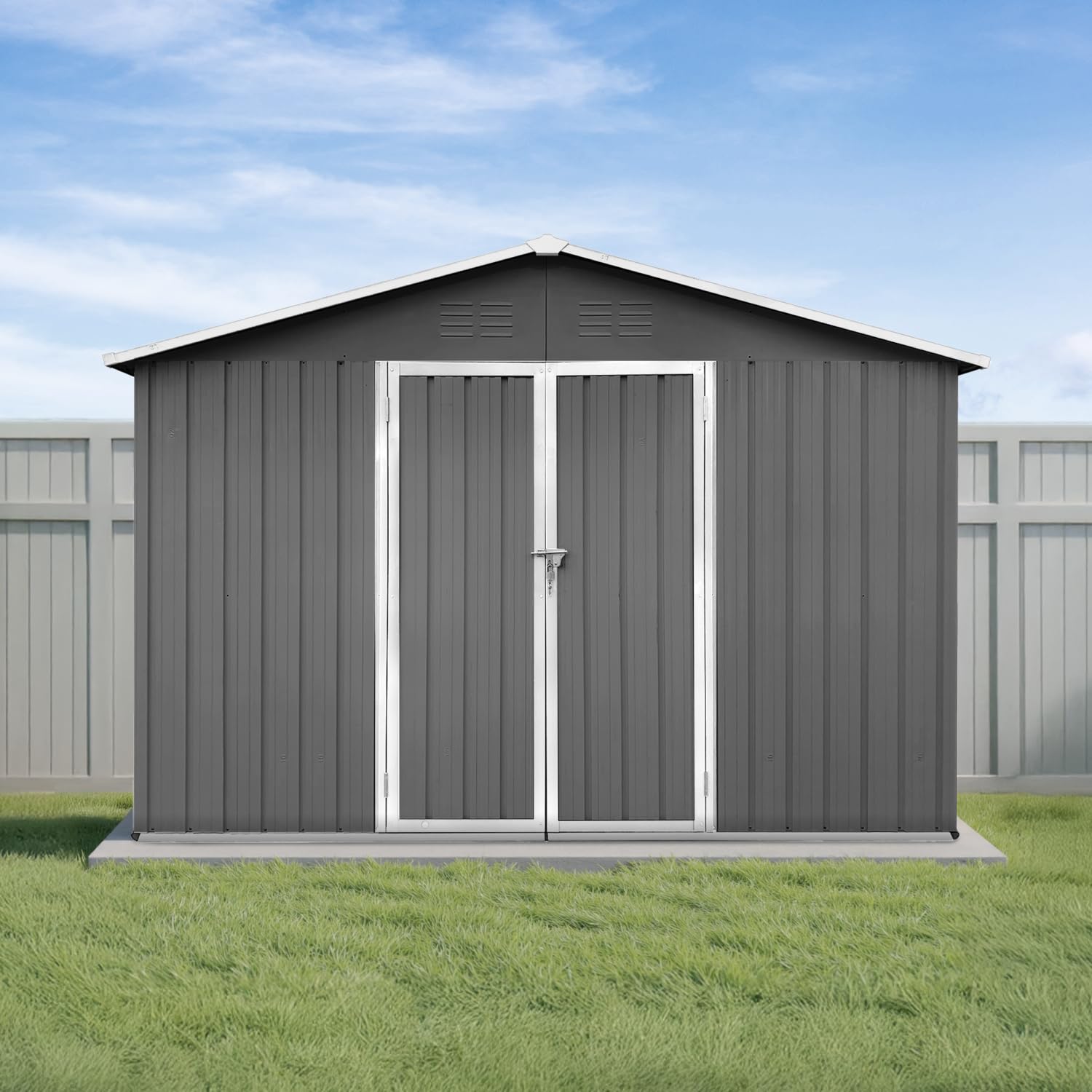 Photo 1 of 10x12 Ft Storage Shed Outdoor, XL Permanent Steel Building with Lockable Doors & 4 Air Vents for Backyard Garden Patio Lawn - Grey