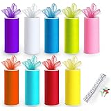 ilauke 9 Tulle Rolls Rainbow Tulle Colors Roll Fabric Spool 6'' by 25 Yard Spool for Wedding Tutu and Table Skirt Decoration