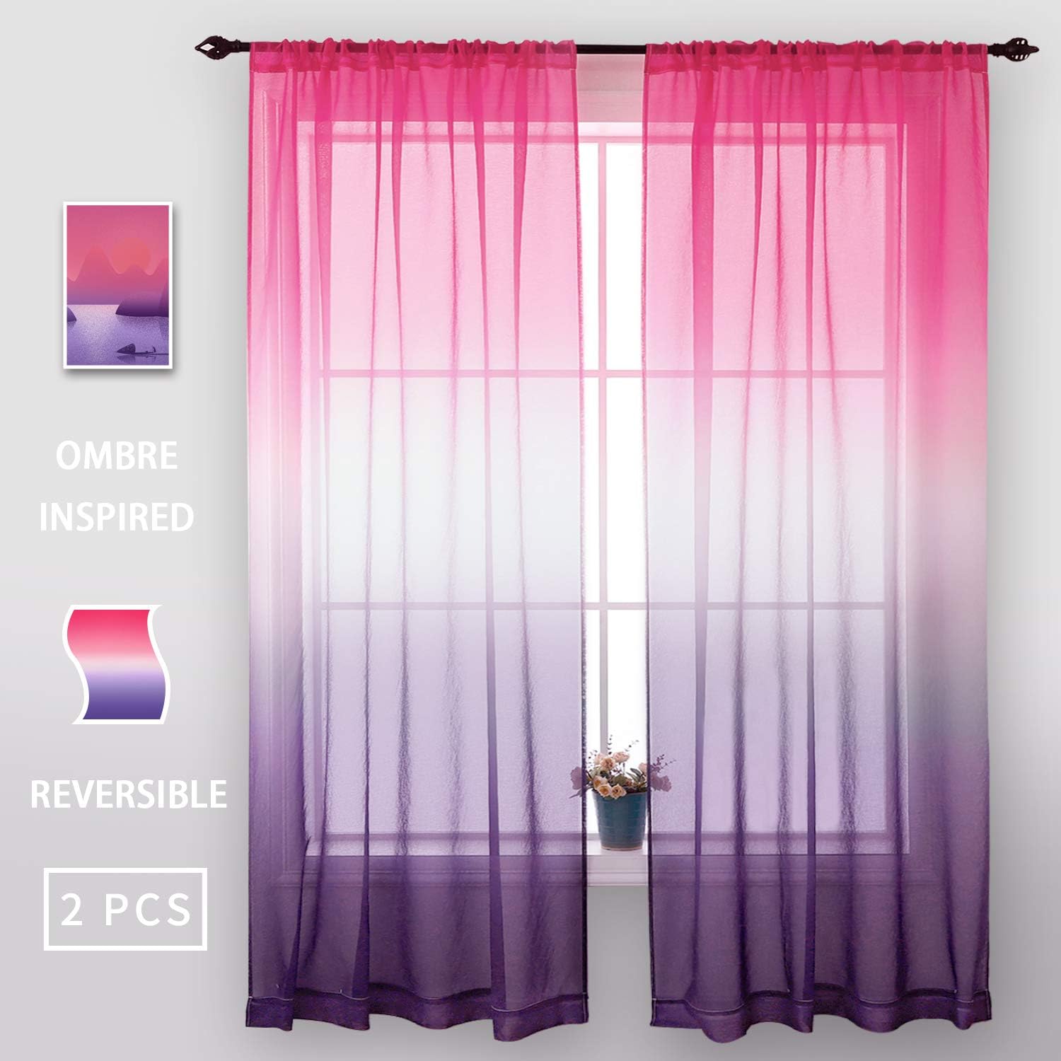 Naturoom Ombre Semi Sheer Cutains Pink and Purple for Girl Princess Room Kid 100% Polyester Rod Pocket Curtain Panels for Wedding Party Decoration, 54 x 84 inch, Set of 2 PCs