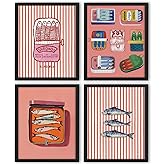 NaZaUK Kawaii Style Sardine Decor, Vintage Sardines Fish Wall Art Prints, Retro Ocean Fish Wall Art Posters for Home Kitchen Dining Room Beach House Decor, 8x10 Unframed Set of 4