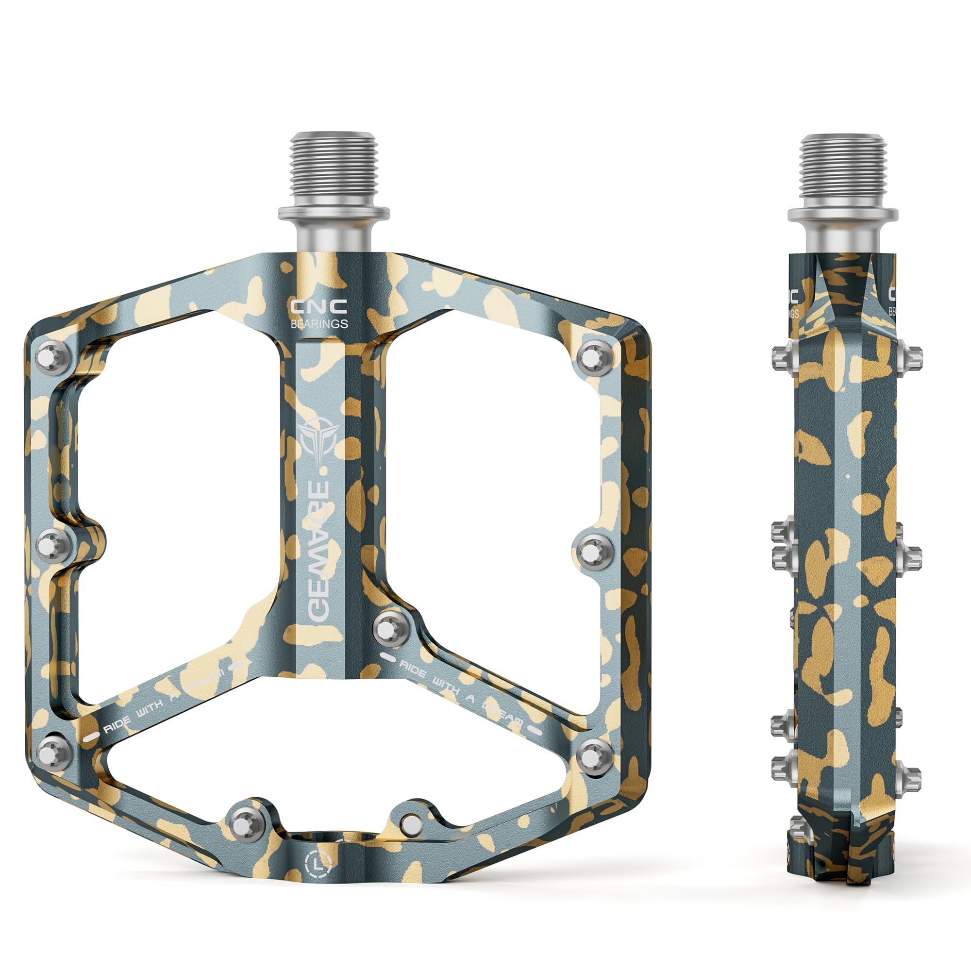 GEWAGE Road/Mountain Bike Pedals - 3 Bearings Bicycle Pedals - 9/16” CNC Machined Flat Pedals with Removable Anti-Skid Nails (Camouflage Gray)