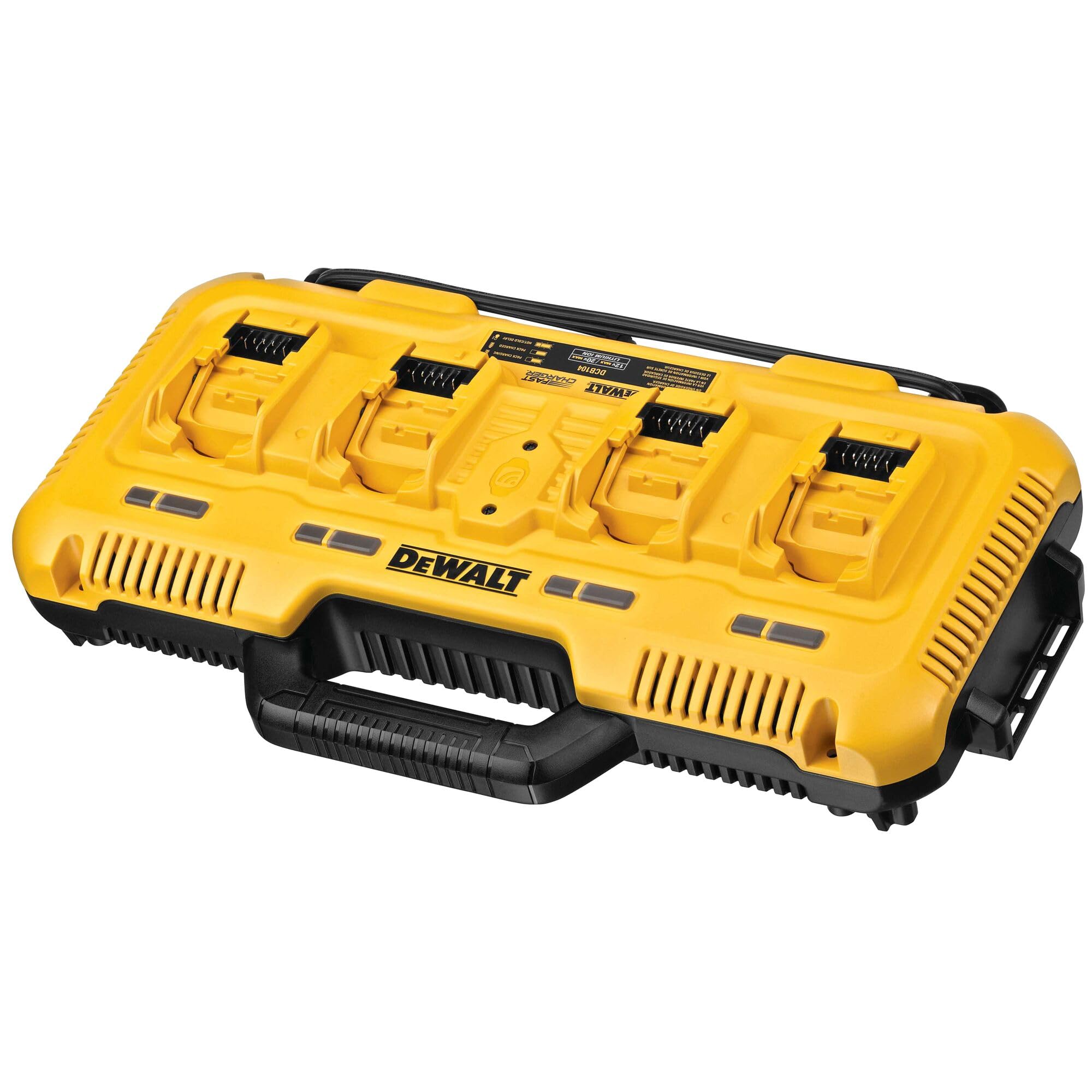 DEWALT System-Vierfach-Schnellladegerät DCB132 (bis 18V inkl. XR Flexvolt Akkus, paralleler Ladevorgang von 4 Akkus, bis zu 8 A pro Ladeschacht, 2-Stufen-Ladeprozess, mit LED-Anzeige)