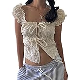 Women Tie Front Tank Top Y2k Sleeveless Button up Shirt Eyelet Floral Embroidery Cami Vest Crop Top